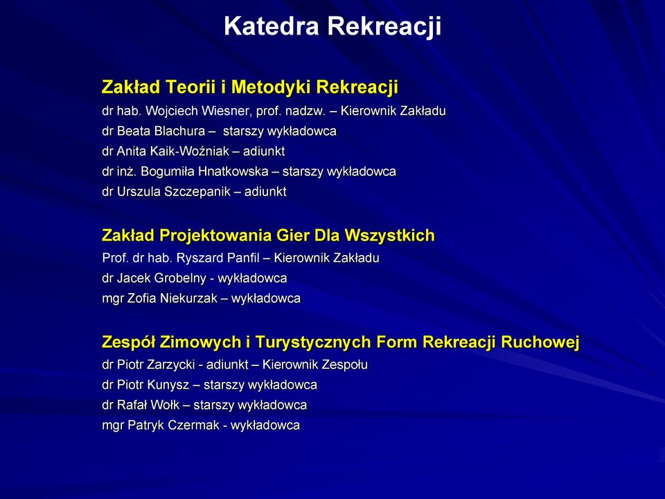 Bogumiła Hnatkowska starszy wykładowca dr Urszula Szczepanik adiunkt Zakład Projektowania Gier Dla Wszystkich Prof. dr hab.