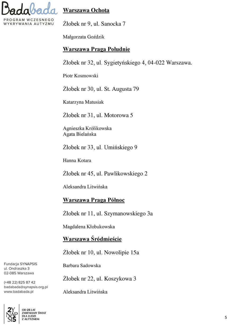 Motorowa 5 Agnieszka Królikowska Agata Bielańska Żłobek nr 33, ul. Umińskiego 9 Hanna Kotara Żłobek nr 45, ul.