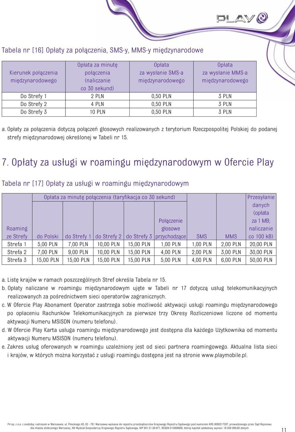 Opłaty za połączenia dotyczą połączeń głosowych realizowanych z terytorium Rzeczpospolitej Polskiej do podanej strefy międzynarodowej określonej w Tabeli nr 15. 7.