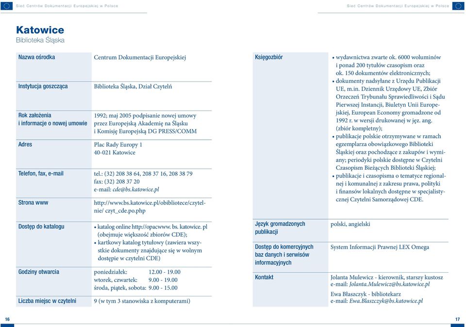 php wydawnictwa zwarte ok. 6000 woluminów i ponad 200 tytułów czasopism oraz ok. 150 dokumentów elektronicznych; dokumenty nadsyłane z Urzędu Publikacji UE, m.in. Dziennik Urzędowy UE, Zbiór Orzeczeń Trybunału Sprawiedliwości i Sądu Pierwszej Instancji, Biuletyn Unii Europejskiej, European Economy gromadzone od 1992 r.