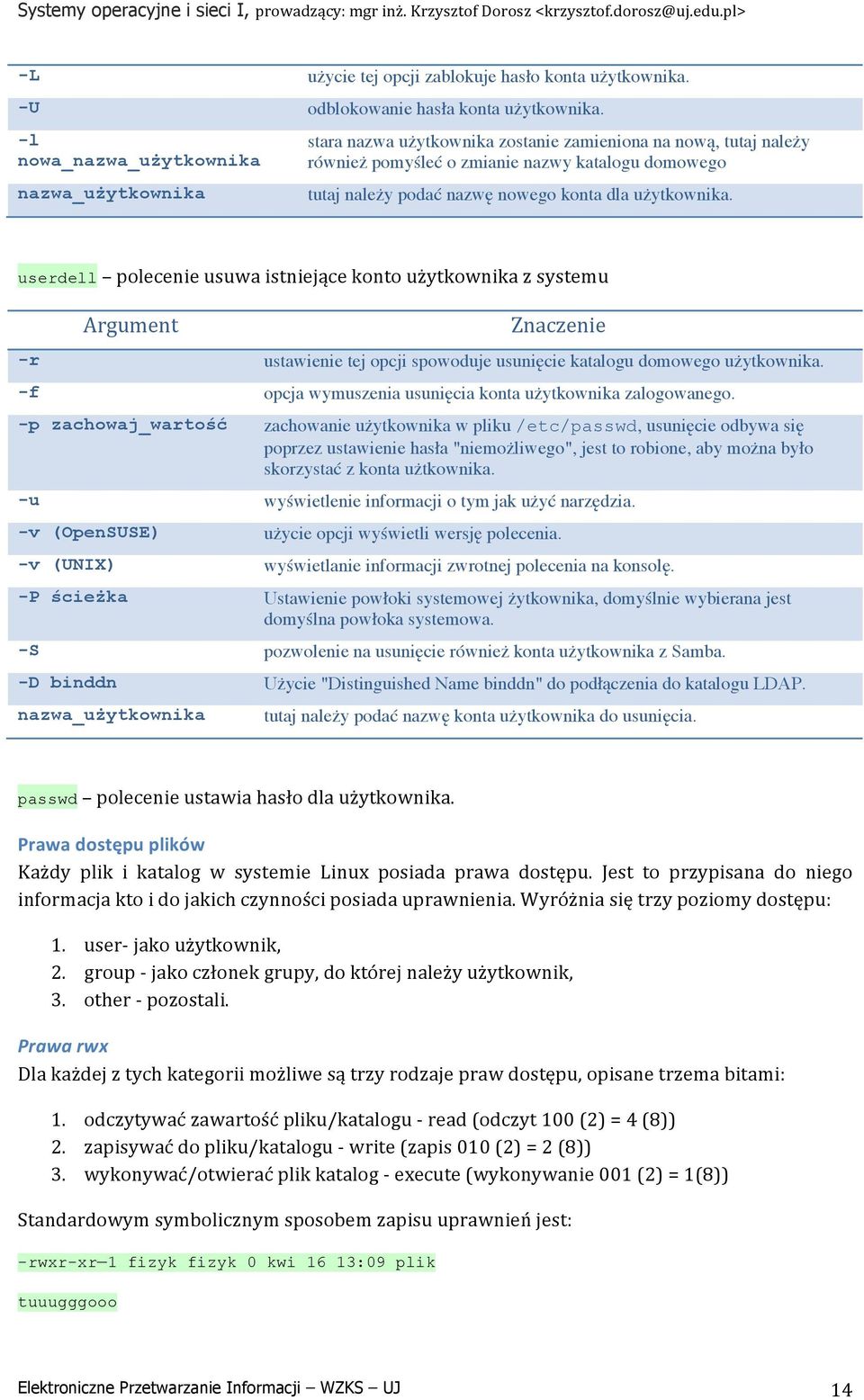 dla użytkownika. userdell polecenie usuwa istniejące konto użytkownika z systemu Argument Znaczenie -r ustawienie tej opcji spowoduje usunięcie katalogu domowego użytkownika.