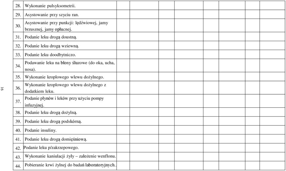 Wykonanie kroplowego wlewu dożylnego z 36. dodatkiem leku. Podanie płynów i leków przy użyciu pompy 37. infuzyjnej. 38. Podanie leku drogą dożylną. 39.