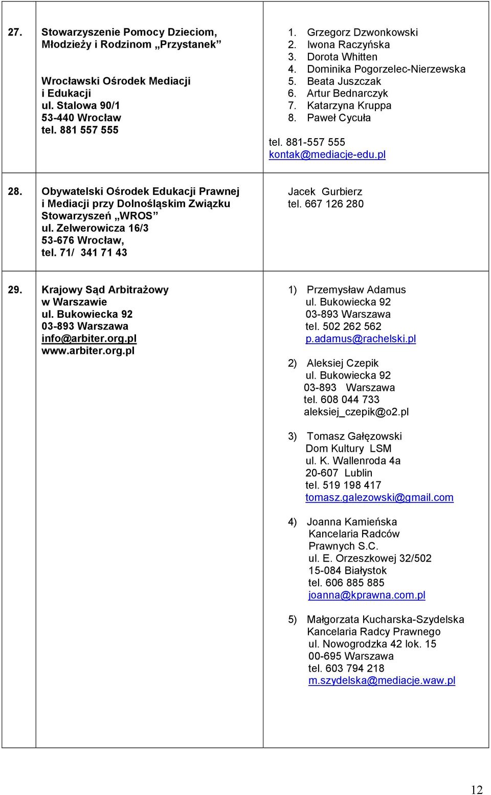 Obywatelski Ośrodek Edukacji Prawnej i Mediacji przy Dolnośląskim Związku Stowarzyszeń WROS ul. Zelwerowicza 16/3 53-676 Wrocław, tel. 71/ 341 71 43 Jacek Gurbierz tel. 667 126 280 29.