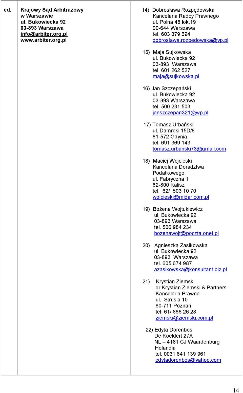 691 369 143 tomasz.urbanski73@gmail.com 18) Maciej Wojcieski Kancelaria Doradztwa Podatkowego ul. Fabryczna 1 62-800 Kalisz tel. 62/ 503 10 70 wojcieski@midar.com.pl 19) Bożena Wojtukiewicz tel.