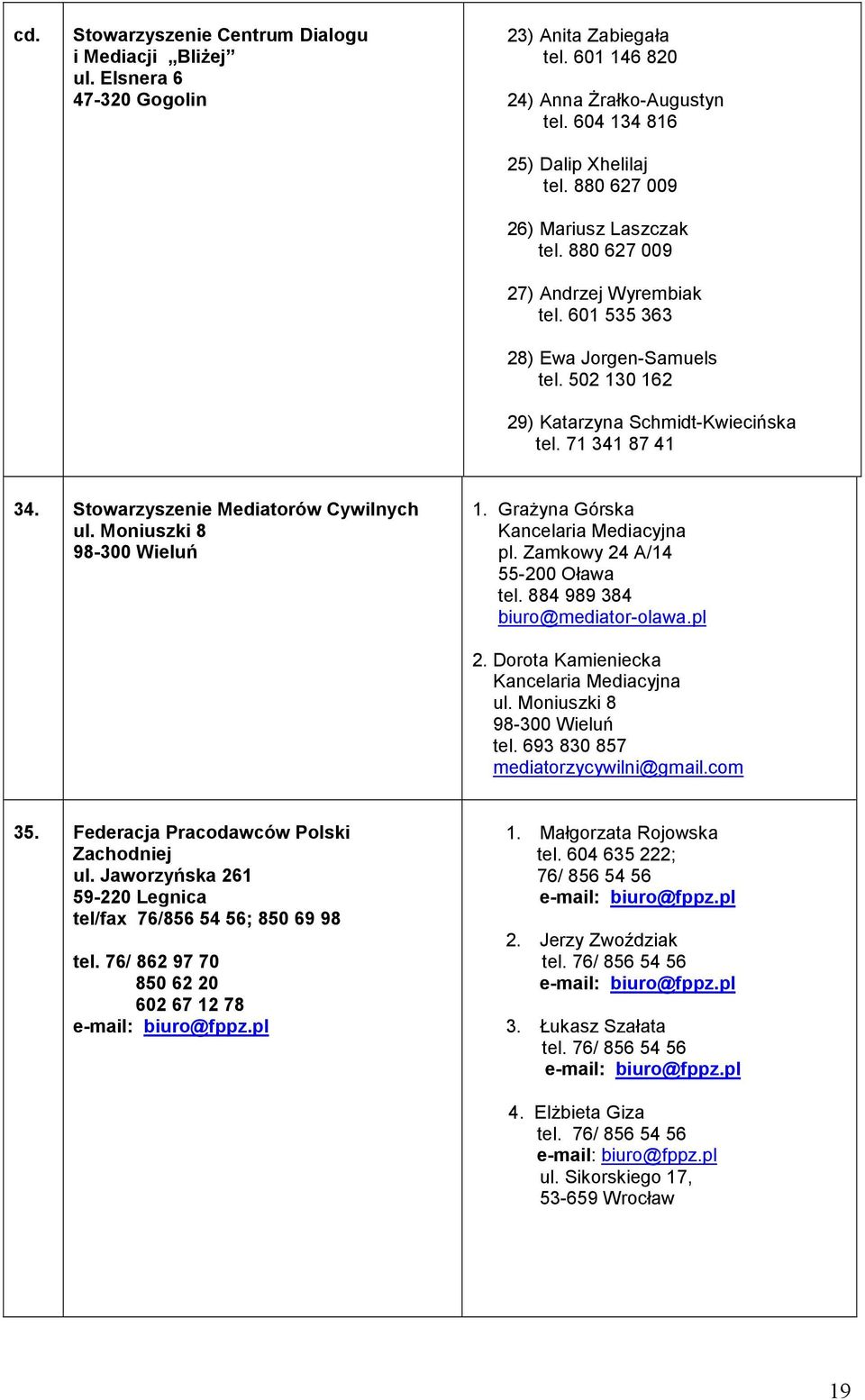 Stowarzyszenie Mediatorów Cywilnych ul. Moniuszki 8 98-300 Wieluń 1. Grażyna Górska Kancelaria Mediacyjna pl. Zamkowy 24 A/14 55-200 Oława tel. 884 989 384 biuro@mediator-olawa.pl 2.
