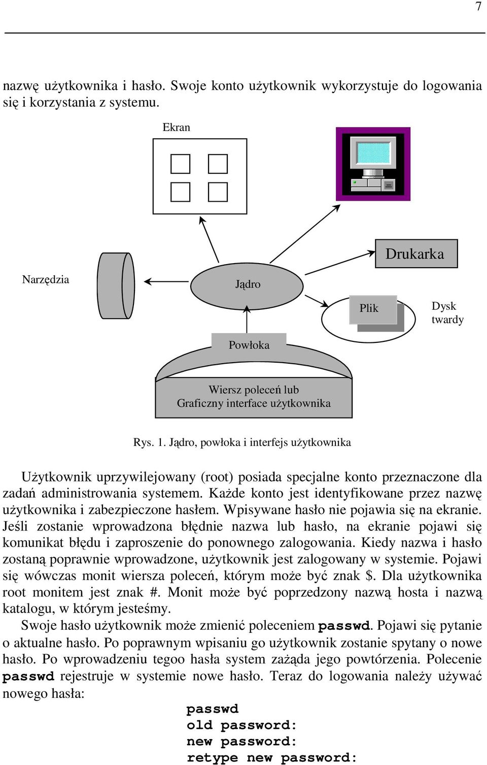 Jądro, powłoka i interfejs uŝytkownika UŜytkownik uprzywilejowany (root) posiada specjalne konto przeznaczone dla zadań administrowania systemem.