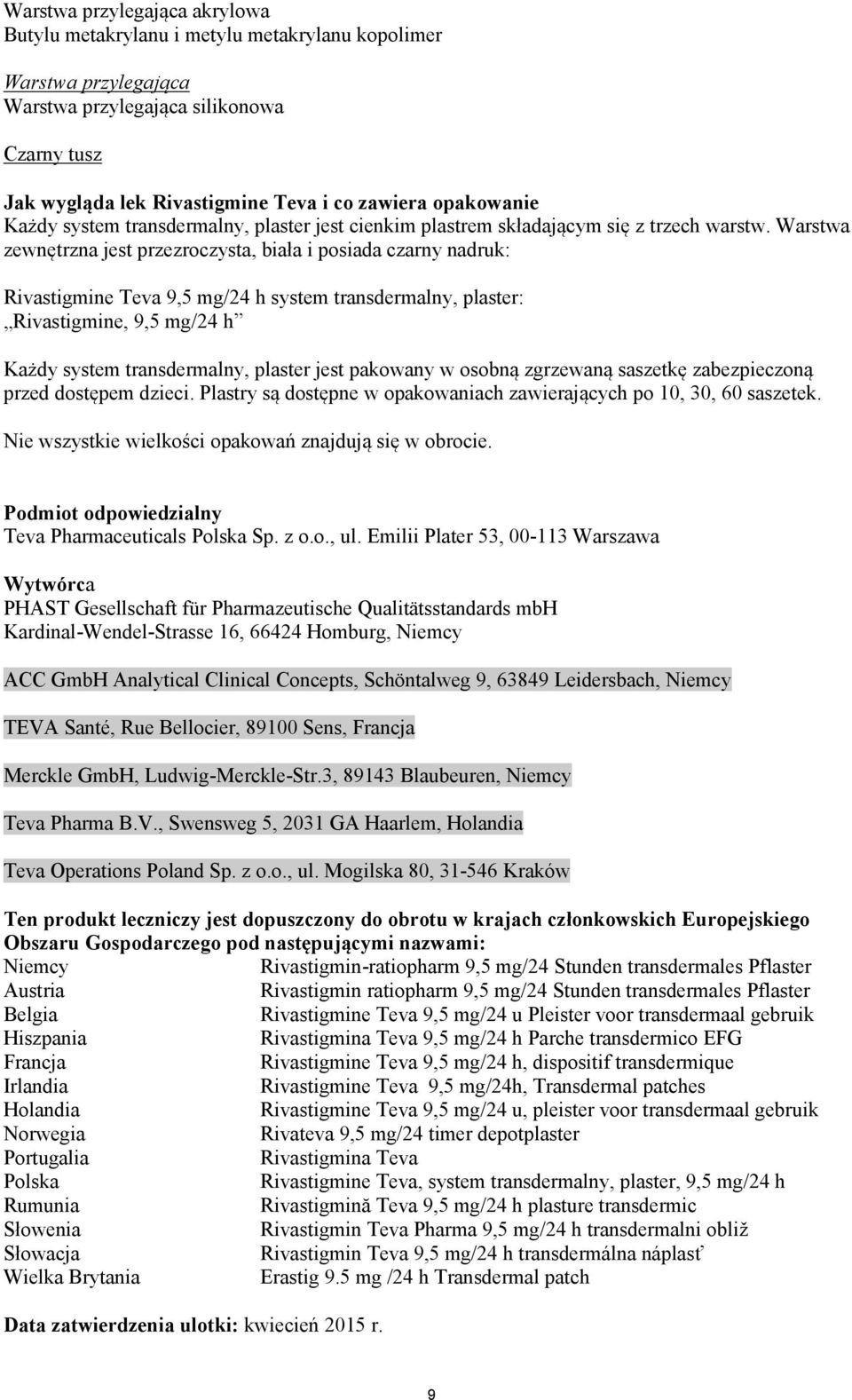 Warstwa zewnętrzna jest przezroczysta, biała i posiada czarny nadruk: Rivastigmine Teva 9,5 mg/24 h system transdermalny, plaster: Rivastigmine, 9,5 mg/24 h Każdy system transdermalny, plaster jest