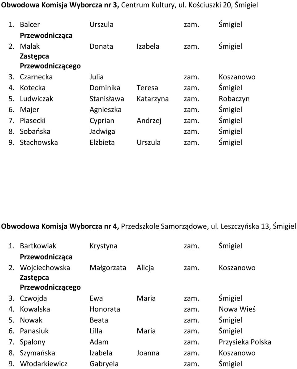 Stachowska Elżbieta Urszula zam. Śmigiel Obwodowa Komisja Wyborcza nr 4, Przedszkole Samorządowe, ul. Leszczyńska 13, Śmigiel 1. Bartkowiak Krystyna zam. Śmigiel 2.