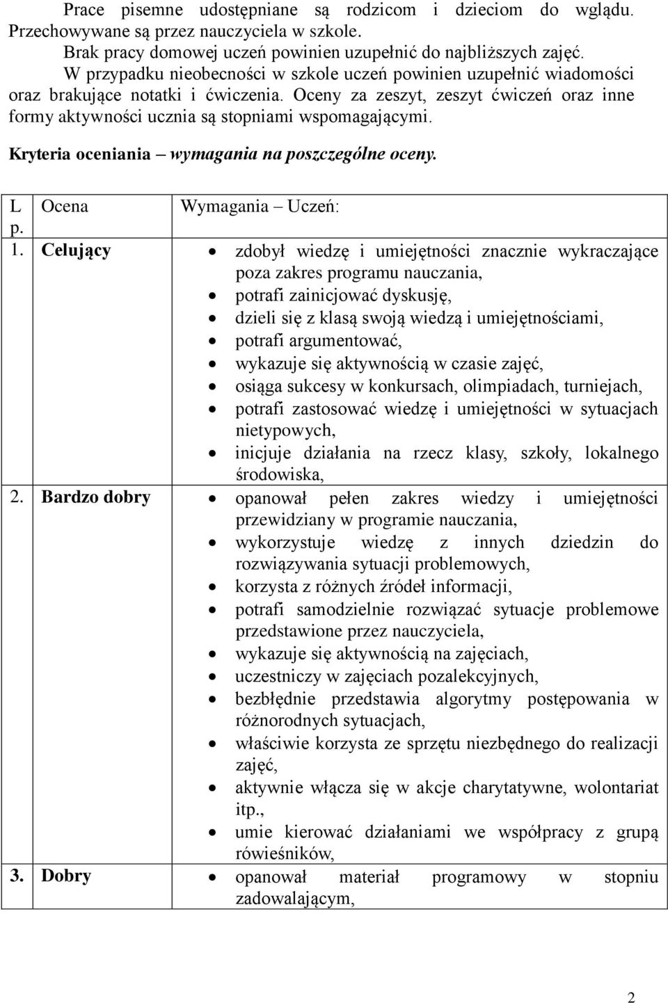 Kryteria oceniania wymagania na poszczególne oceny. L Ocena Wymagania Uczeń: p. 1.