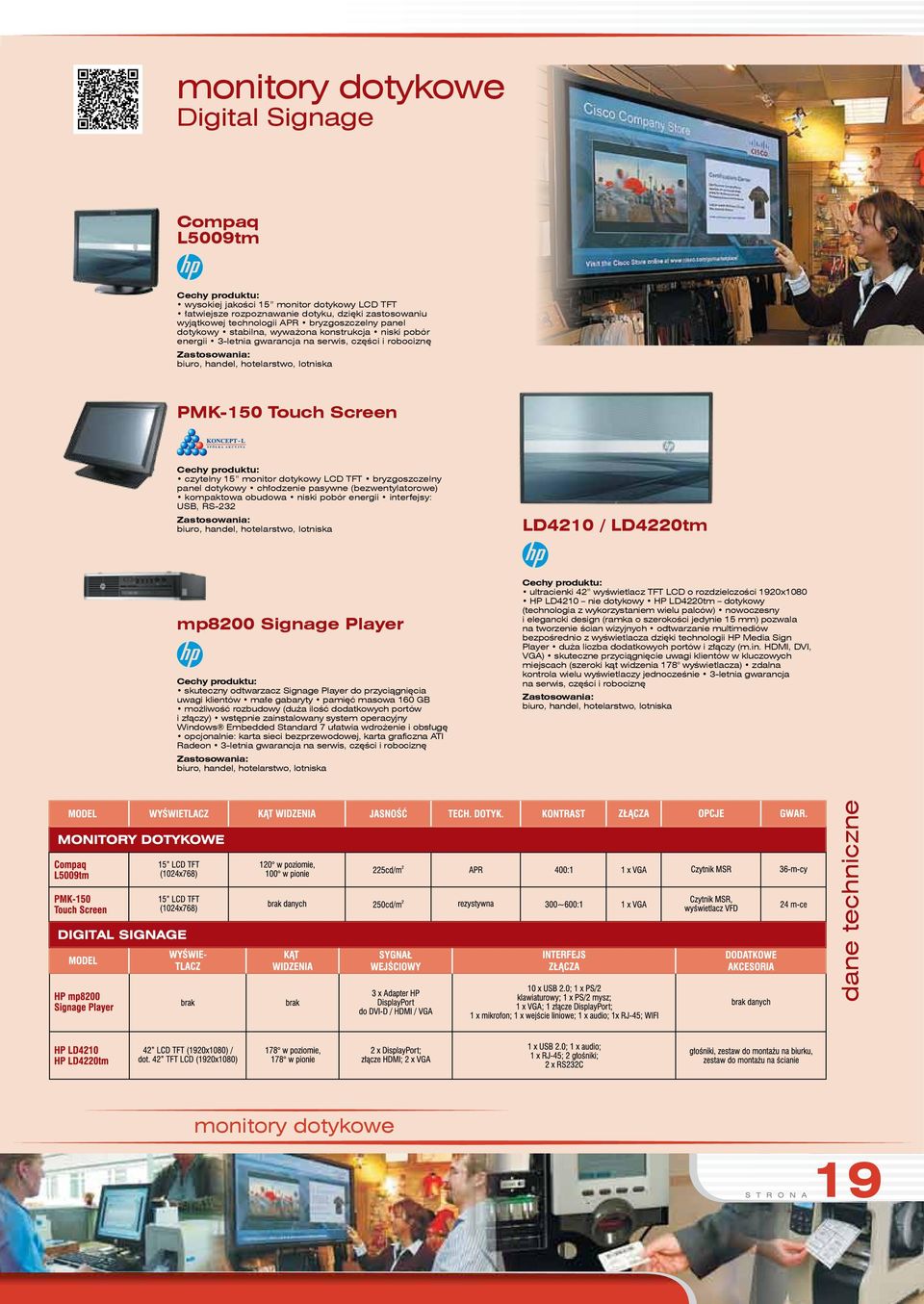 TFT bryzgoszczelny panel dotykowy chłodzenie pasywne (bezwentylatorowe) kompaktowa obudowa niski pobór energii interfejsy: USB, RS-232 biuro, handel, hotelarstwo, lotniska LD4210 / LD4220tm mp8200