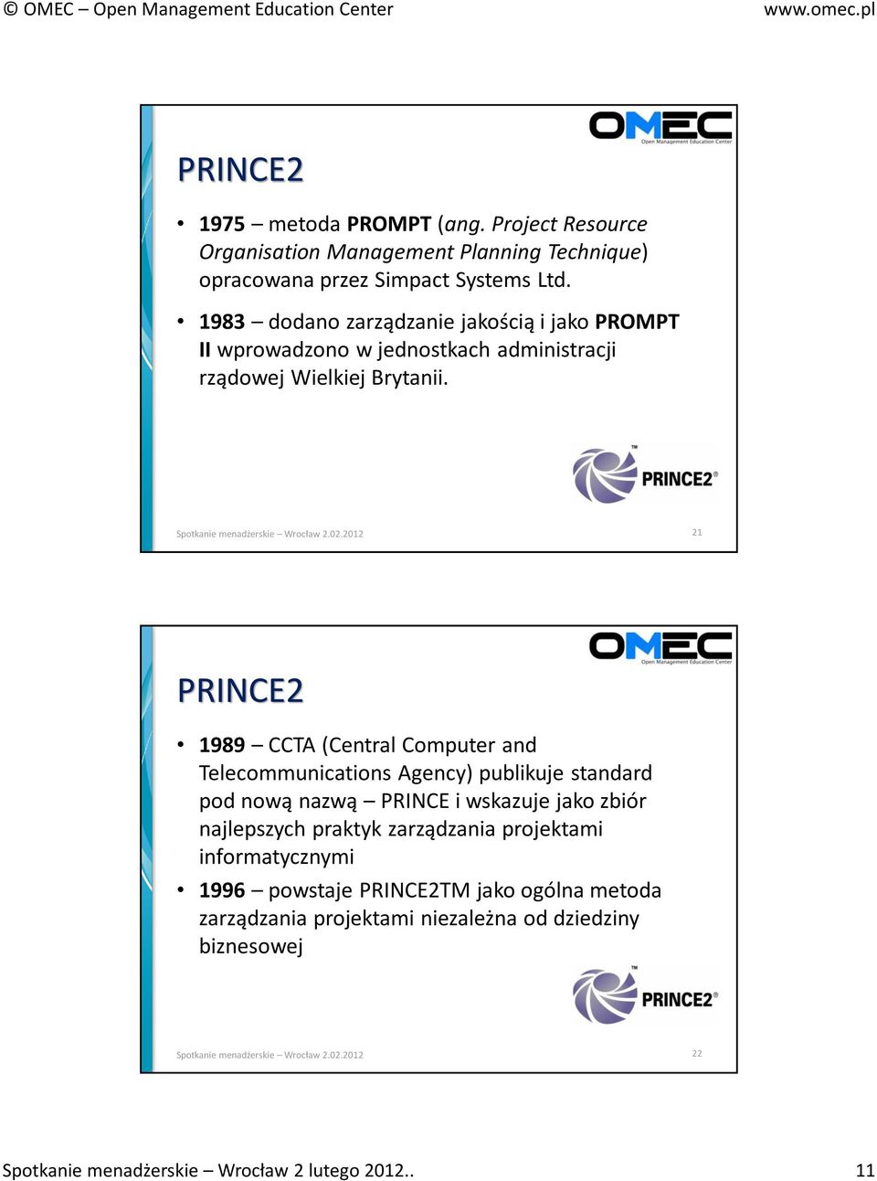 21 PRINCE2 1989 CCTA (Central Computer and Telecommunications Agency) publikuje standard pod nową nazwą PRINCE i wskazuje jako zbiór najlepszych