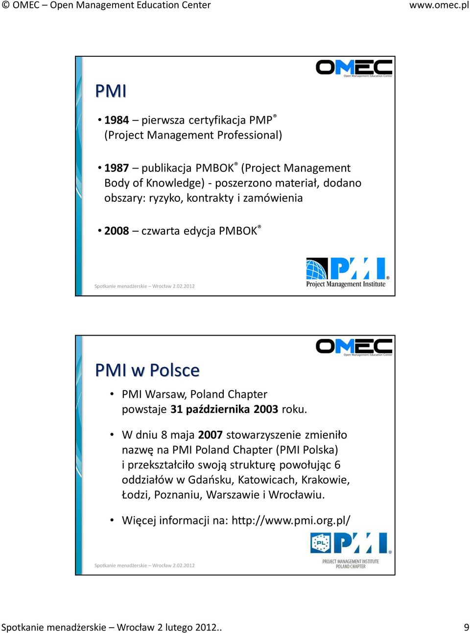 W dniu 8 maja 2007 stowarzyszenie zmieniło nazwę na PMI Poland Chapter (PMI Polska) i przekształciło swoją strukturę powołując 6 oddziałów w Gdańsku,