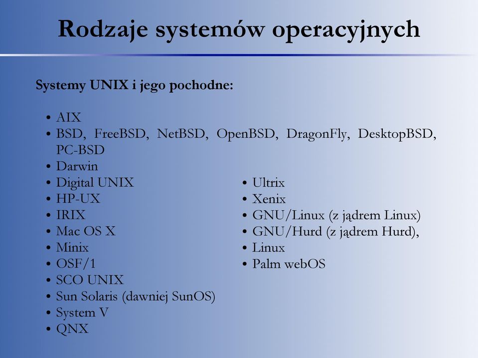 Xenix HP-UX GNU/Linux (z jądrem Linux) IRIX GNU/Hurd (z jądrem Hurd), Mac OS