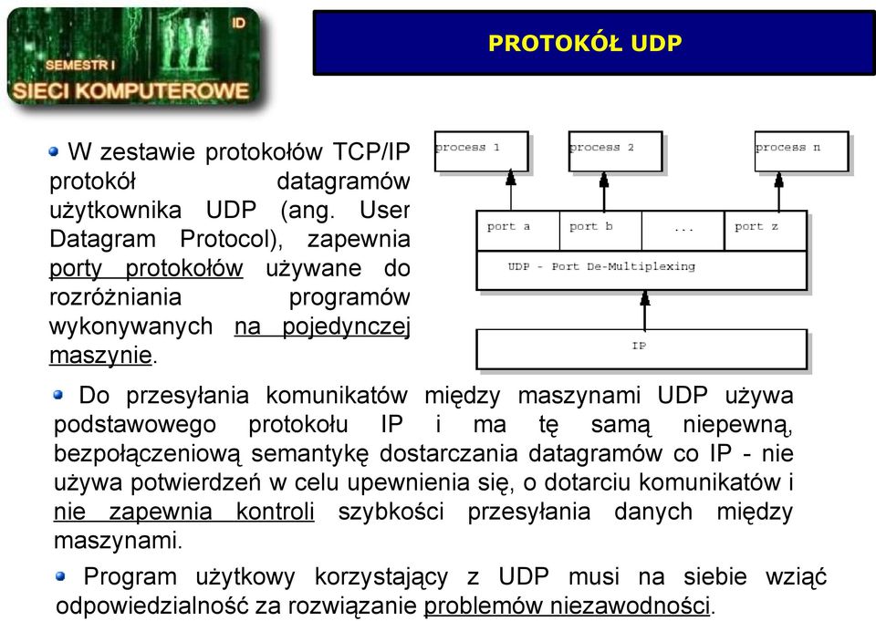 Do przesyłania komunikatów między maszynami UDP używa podstawowego protokołu IP i ma tę samą niepewną, bezpołączeniową semantykę dostarczania datagramów