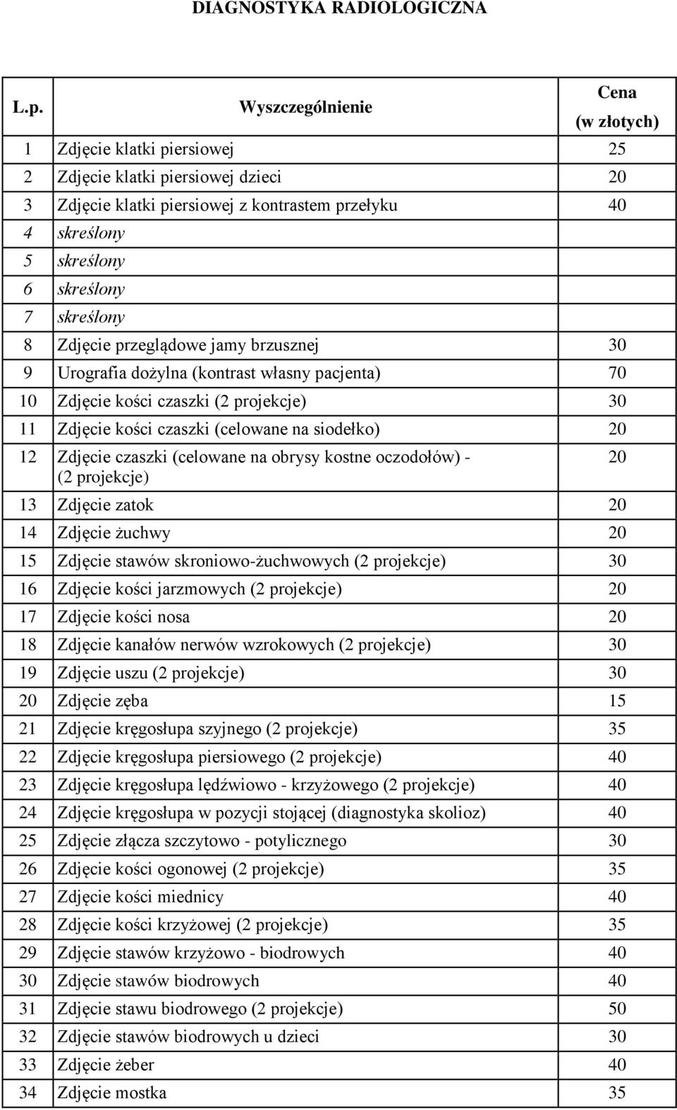 siodełko) 20 12 Zdjęcie czaszki (celowane na obrysy kostne oczodołów) - 20 (2 projekcje) 13 Zdjęcie zatok 20 14 Zdjęcie żuchwy 20 15 Zdjęcie stawów skroniowo-żuchwowych (2 projekcje) 30 16 Zdjęcie