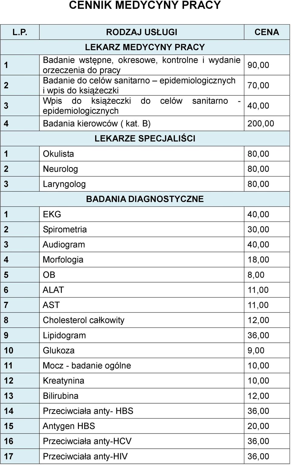 RODZAJ USŁUGI CENA LEKARZ MEDYCYNY PRACY Badanie wstępne, okresowe, kontrolne i wydanie orzeczenia do pracy Badanie do celów sanitarno epidemiologicznych i wpis do książeczki Wpis do