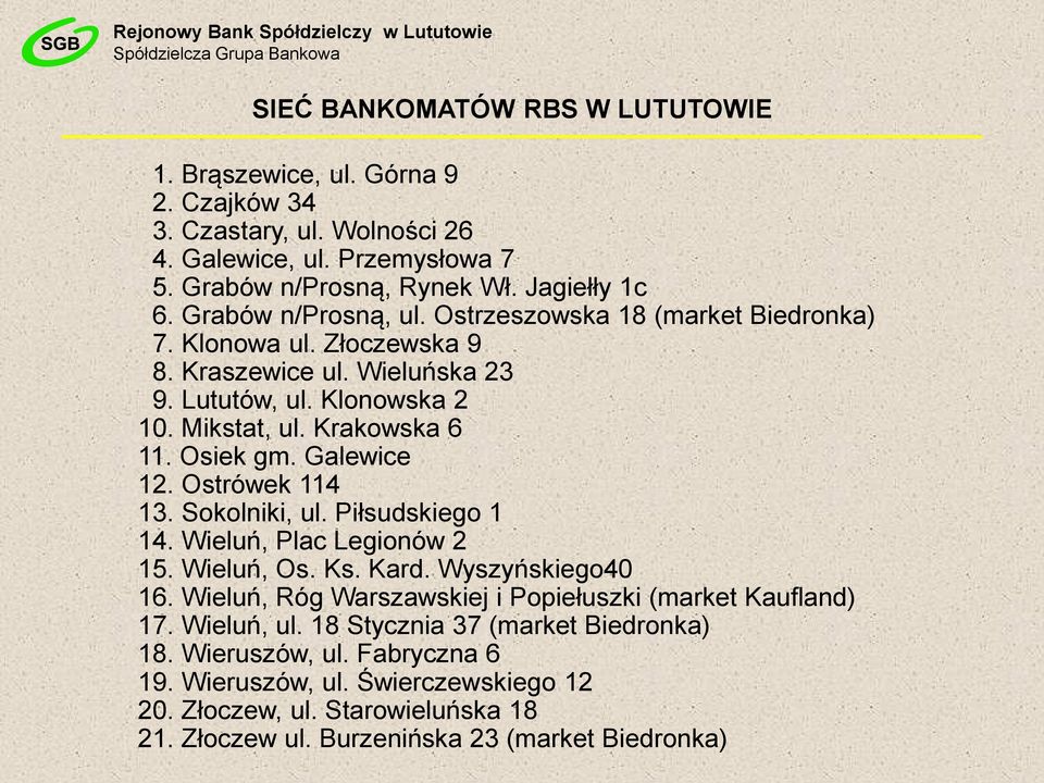 Galewice 12. Ostrówek 114 13. Sokolniki, ul. Piłsudskiego 1 14. Wieluń, Plac Legionów 2 15. Wieluń, Os. Ks. Kard. Wyszyńskiego40 16.