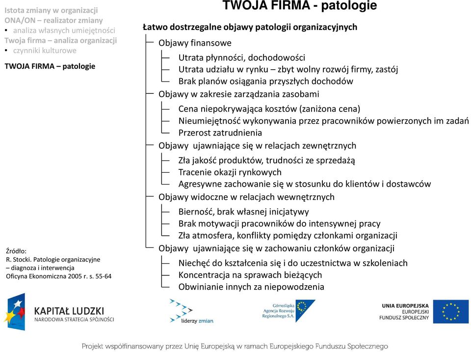 osiągania przyszłych dochodów Objawy w zakresie zarządzania zasobami Cena niepokrywająca kosztów (zaniżona cena) Nieumiejętność wykonywania przez pracowników powierzonych im zadań Przerost