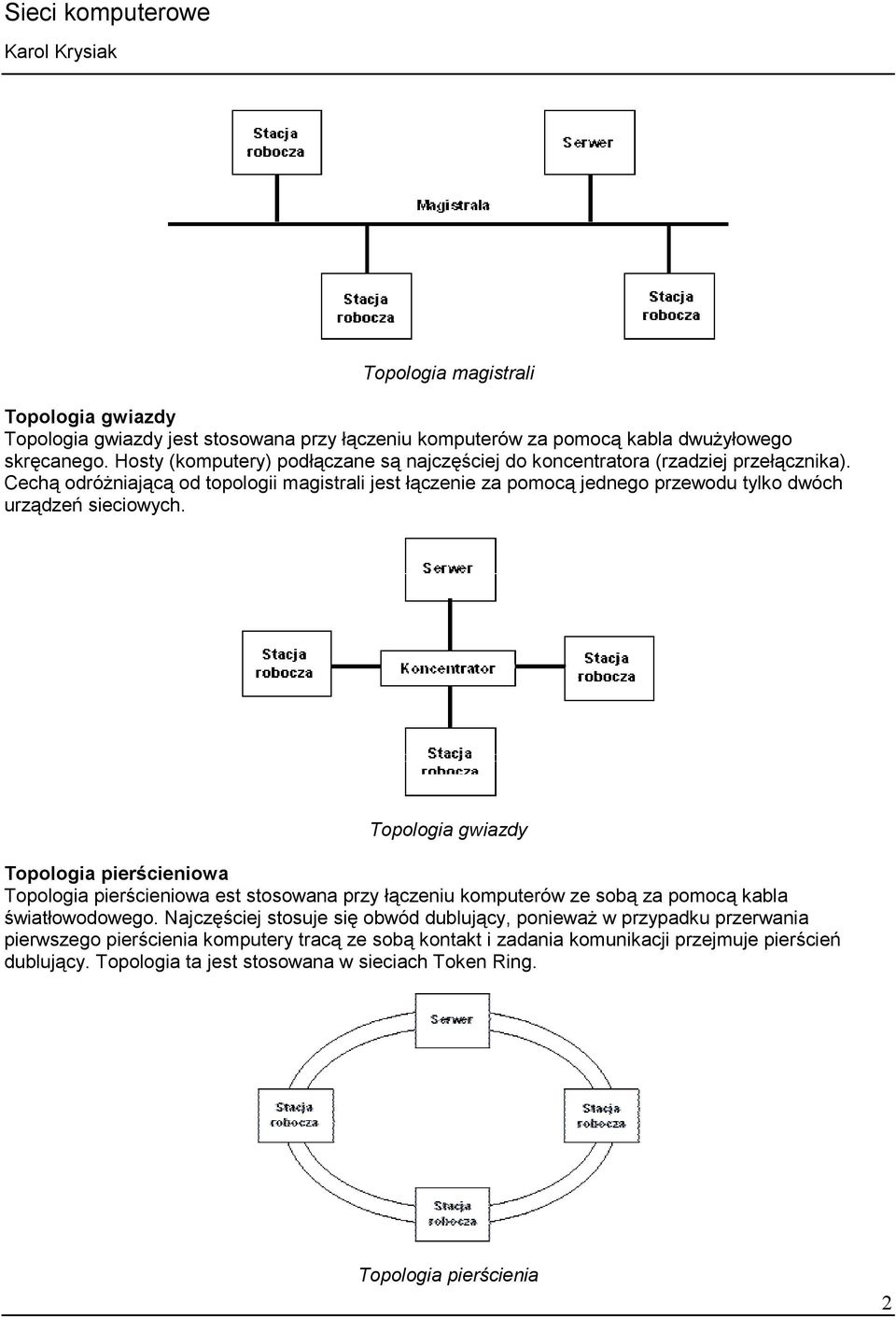 Cechą odróżniającą od topologii magistrali jest łączenie za pomocą jednego przewodu tylko dwóch urządzeń sieciowych.