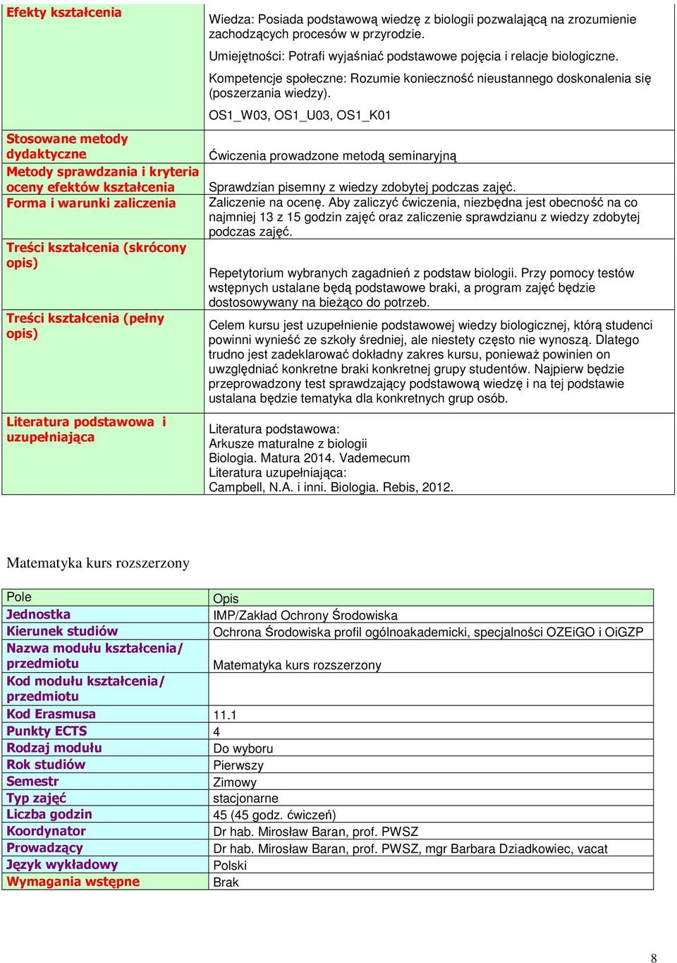 OS1_W03, OS1_U03, OS1_K01 Ćwiczenia prowadzone metodą seminaryjną Sprawdzian pisemny z wiedzy zdobytej podczas zajęć. Zaliczenie na ocenę.