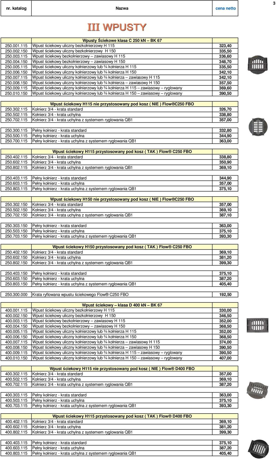 115 Wpust ściekowy uliczny kołnierzowy lub ¾ kołnierza H 115 335,50 250.006.150 Wpust ściekowy uliczny kołnierzowy lub ¾ kołnierza H 150 342,10 250.007.