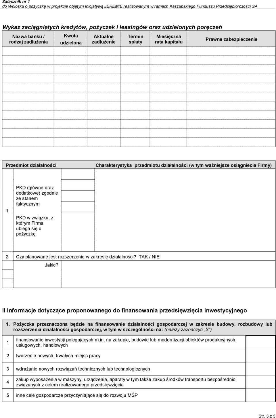 Firma ubiega się o pożyczkę 2 Czy planowane jest rozszerzenie w zakresie działalności? TAK / NIE Jakie? II Informacje dotyczące proponowanego do finansowania przedsięwzięcia inwestycyjnego.