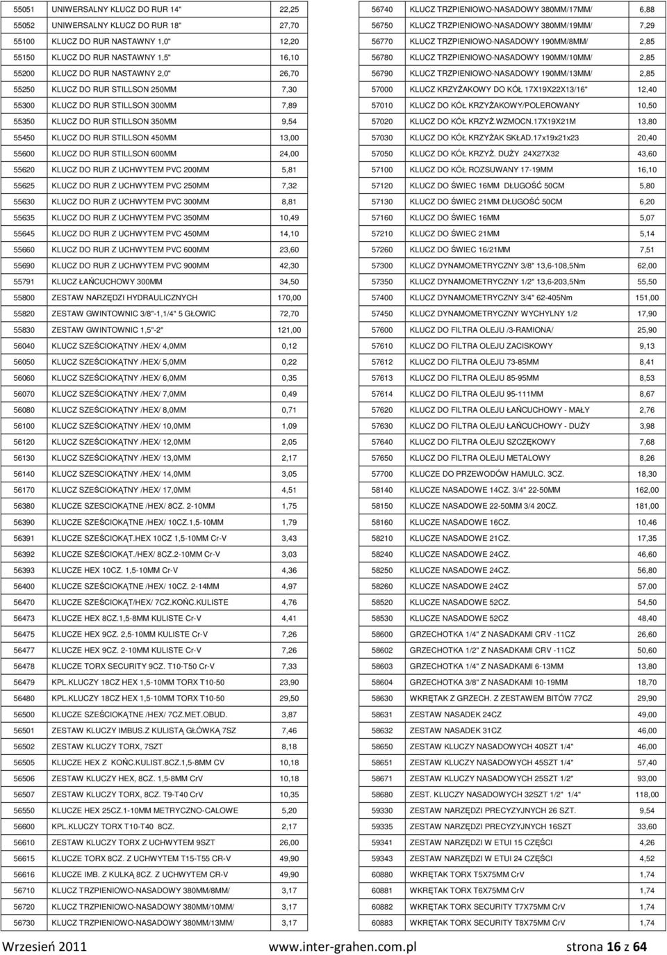 55620 KLUCZ DO RUR Z UCHWYTEM PVC 200MM 5,81 55625 KLUCZ DO RUR Z UCHWYTEM PVC 250MM 7,32 55630 KLUCZ DO RUR Z UCHWYTEM PVC 300MM 8,81 55635 KLUCZ DO RUR Z UCHWYTEM PVC 350MM 10,49 55645 KLUCZ DO RUR