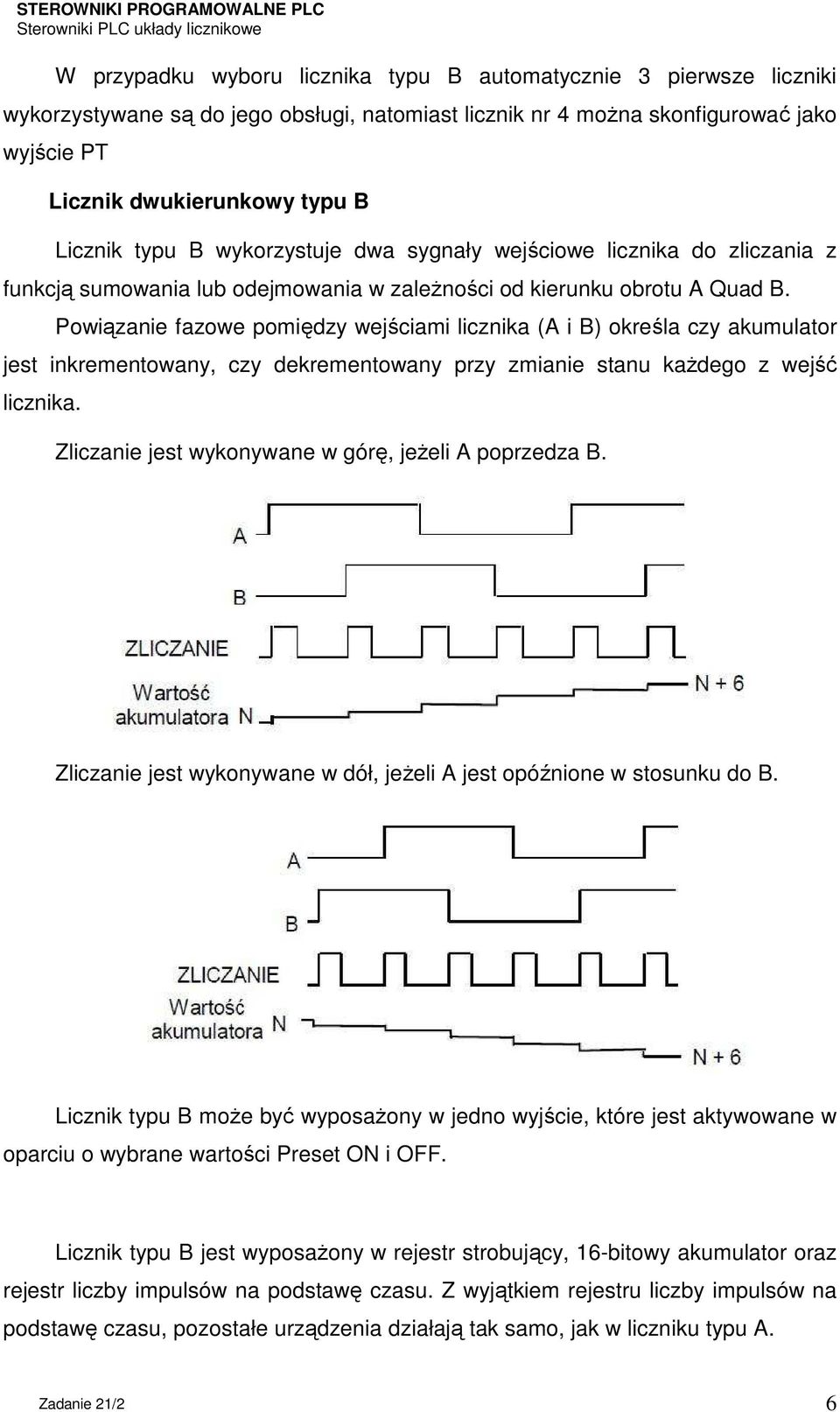 Powiązanie fazowe pomiędzy wejściami licznika (A i B) określa czy akumulator jest inkrementowany, czy dekrementowany przy zmianie stanu każdego z wejść licznika.