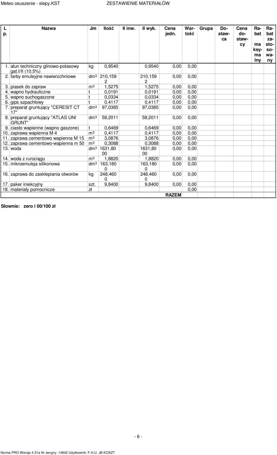 preparat gruntujący "ATLAS UNI dm 3 59,211 59,211,, GRUNT" 9. ciasto wapienne (wapno gaszone) t,6469,6469,, 1. zaprawa wapienna M 4 m 3,4117,4117,, 11.