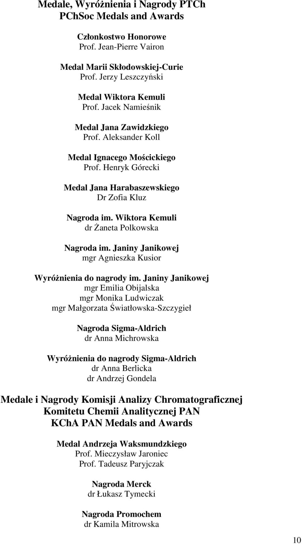 Wiktora Kemuli dr śaneta Polkowska Nagroda im. Janiny Janikowej mgr Agnieszka Kusior WyróŜnienia do nagrody im.