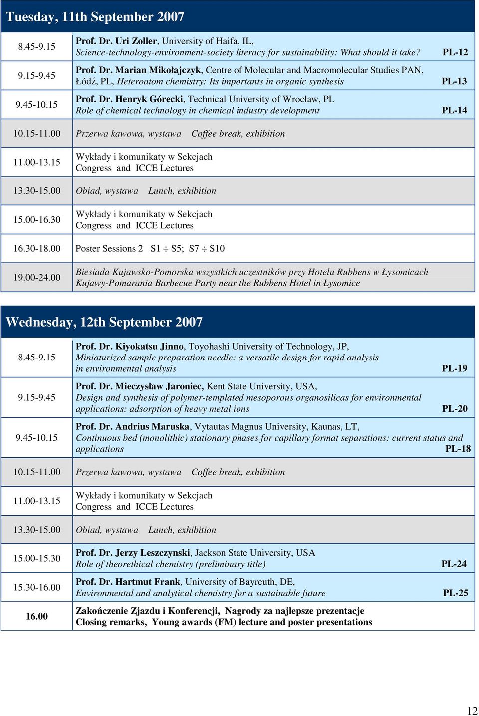 15-11.00 Przerwa kawowa, wystawa Coffee break, exhibition 11.00-13.15 Wykłady i komunikaty w Sekcjach Congress and ICCE Lectures 13.30-15.00 Obiad, wystawa Lunch, exhibition 15.00-16.