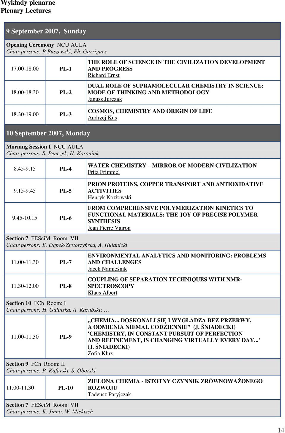 CHEMISTRY AND ORIGIN OF LIFE Andrzej Kus 10 September 2007, Monday Morning Session I NCU AULA Chair persons: S. Penczek, H. Koroniak 8.45-9.15 PL-4 9.15-9.