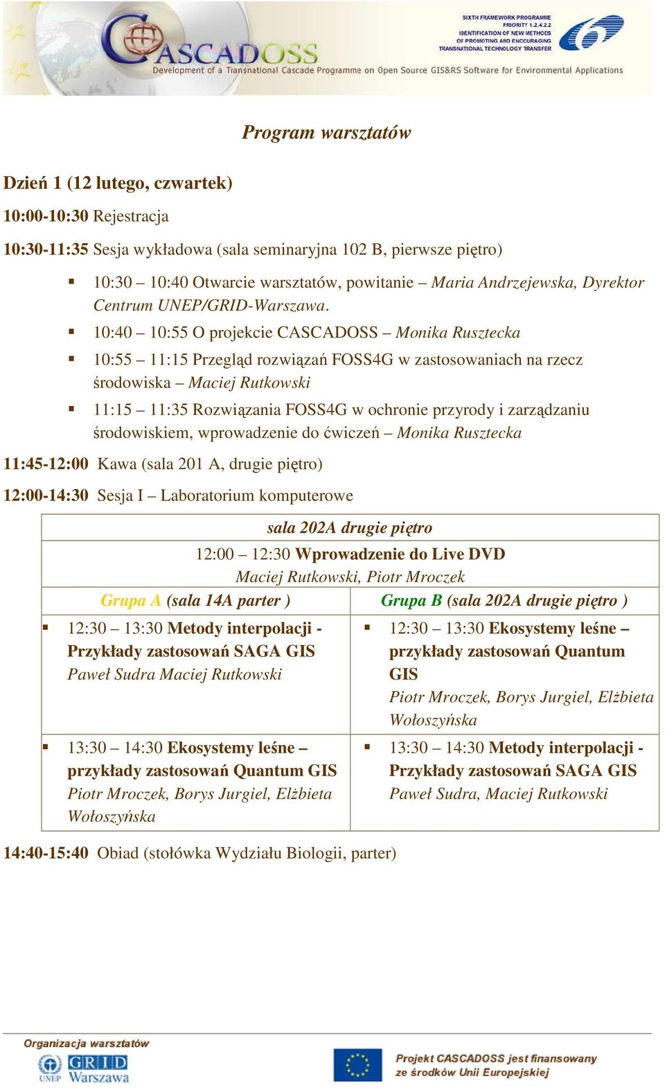 10:40 10:55 O projekcie CASCADOSS Monika Rusztecka 10:55 11:15 Przegląd rozwiązań FOSS4G w zastosowaniach na rzecz środowiska Maciej Rutkowski 11:15 11:35 Rozwiązania FOSS4G w ochronie przyrody i
