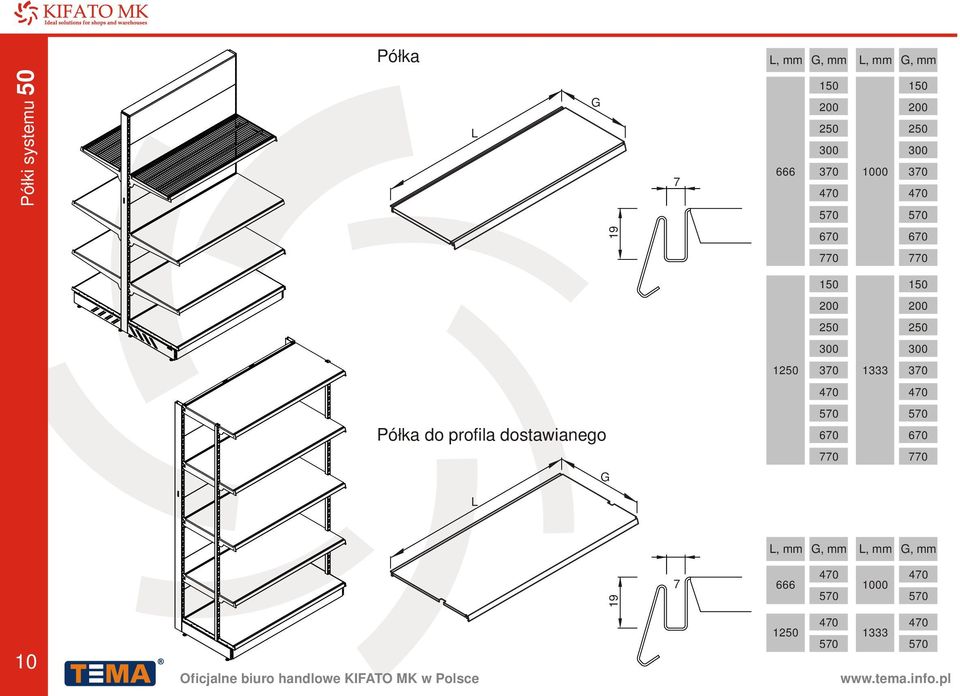 Półka do profila dostawianego 570 670 770 570 670 770, mm, mm, mm, mm 19 7 666 470 570