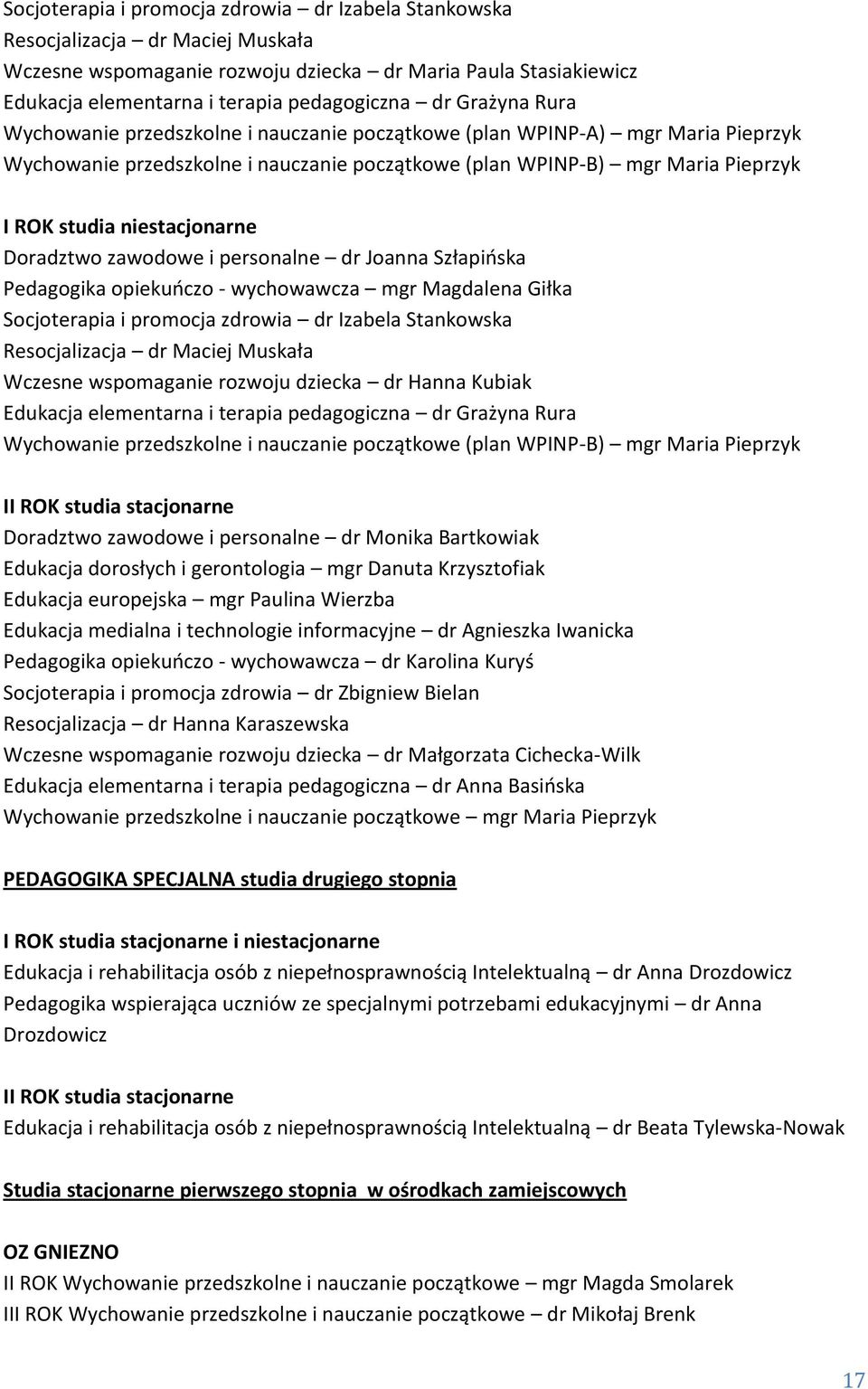niestacjonarne Doradztwo zawodowe i personalne dr Joanna Szłapińska Pedagogika opiekuńczo - wychowawcza mgr Magdalena Giłka Socjoterapia i promocja zdrowia dr Izabela Stankowska Resocjalizacja dr
