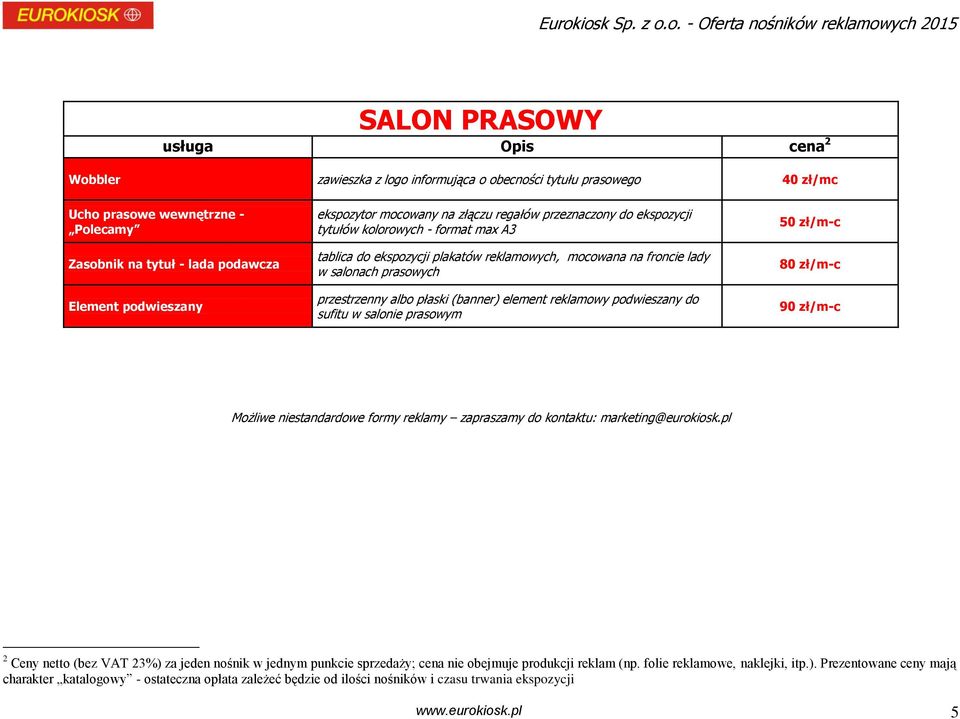 przestrzenny albo płaski (banner) element reklamowy podwieszany do sufitu w salonie prasowym 50 zł/m-c 80 zł/m-c 90 zł/m-c Możliwe niestandardowe formy reklamy zapraszamy do kontaktu: