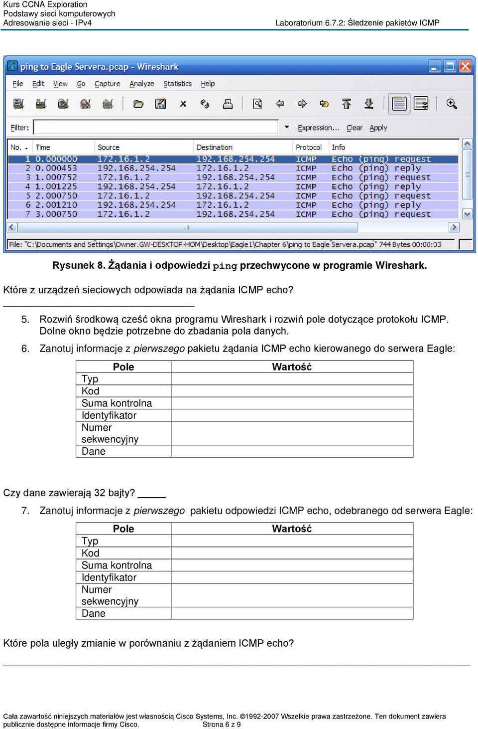Zanotuj informacje z pierwszego pakietu żądania ICMP echo kierowanego do serwera Eagle: Pole Typ Kod Suma kontrolna Identyfikator Numer sekwencyjny Dane Czy dane zawierają 32 bajty? 7.