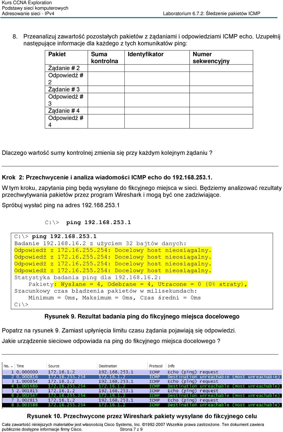 sekwencyjny Dlaczego wartość sumy kontrolnej zmienia się przy każdym kolejnym żądaniu? Krok 2: Przechwycenie i analiza wiadomości ICMP echo do 19