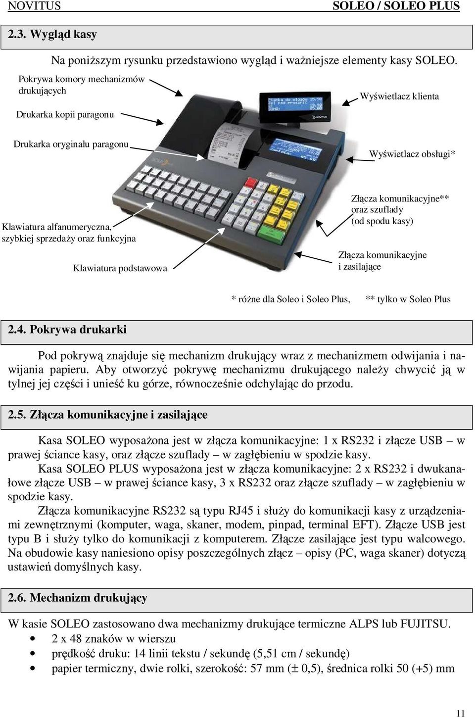 Klawiatura podstawowa Złącza komunikacyjne** oraz szuflady (od spodu kasy) Złącza komunikacyjne i zasilające * róŝne dla Soleo i Soleo Plus, ** tylko w Soleo Plus 2.4.