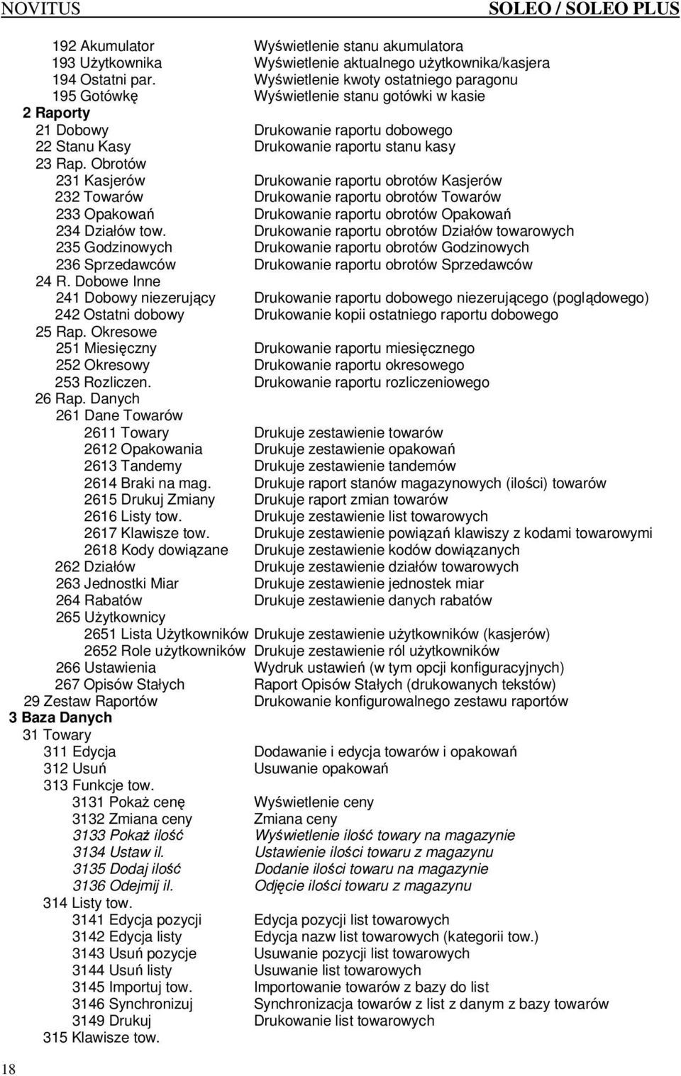 Obrotów 231 Kasjerów Drukowanie raportu obrotów Kasjerów 232 Towarów Drukowanie raportu obrotów Towarów 233 Opakowań Drukowanie raportu obrotów Opakowań 234 Działów tow.