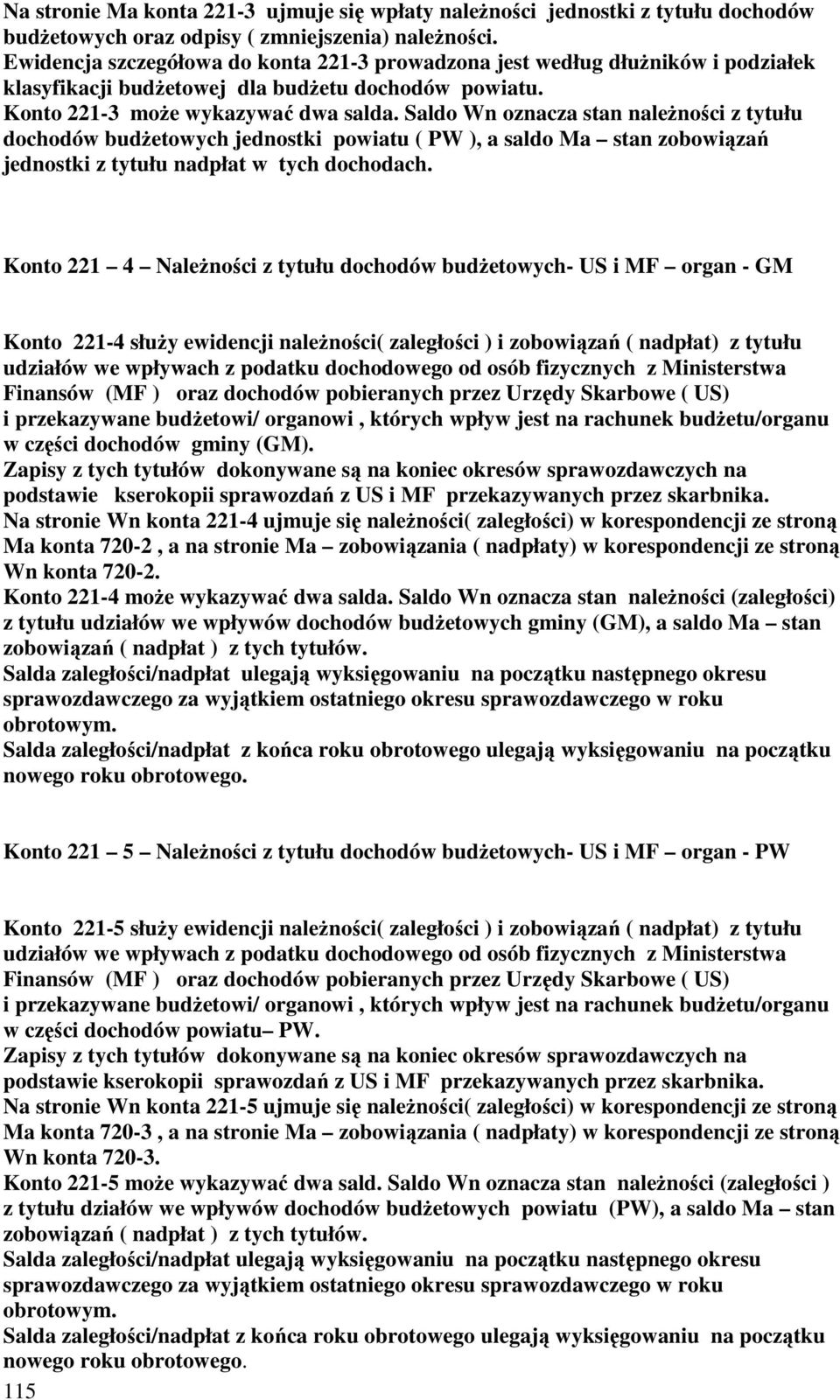 Saldo Wn oznacza stan naleŝności z tytułu dochodów budŝetowych jednostki powiatu ( PW ), a saldo Ma stan zobowiązań jednostki z tytułu nadpłat w tych dochodach.