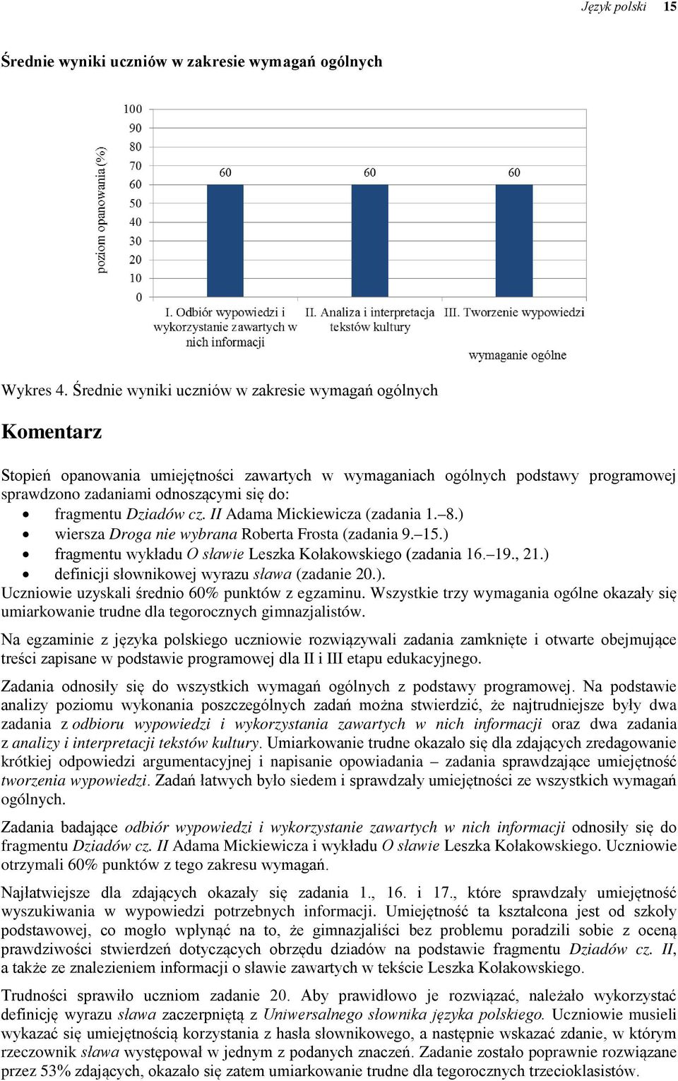 Dziadów cz. II Adama Mickiewicza (zadania 1. 8.) wiersza Droga nie wybrana Roberta Frosta (zadania 9. 15.) fragmentu wykładu O sławie Leszka Kołakowskiego (zadania 16. 19., 21.