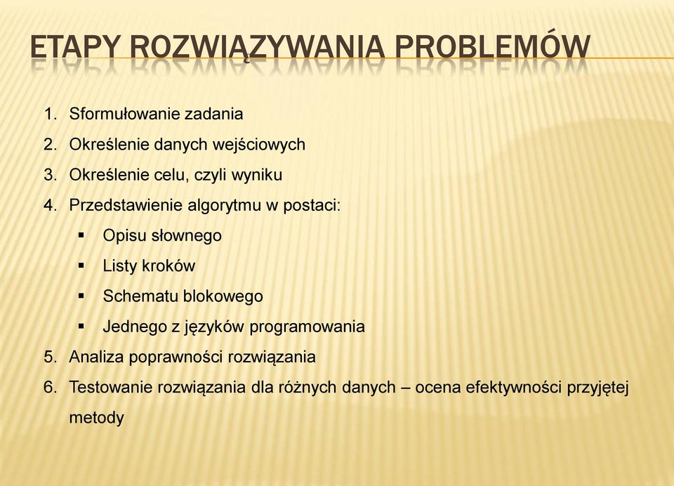 Przedstawienie algorytmu w postaci: Opisu słownego Listy kroków Schematu blokowego