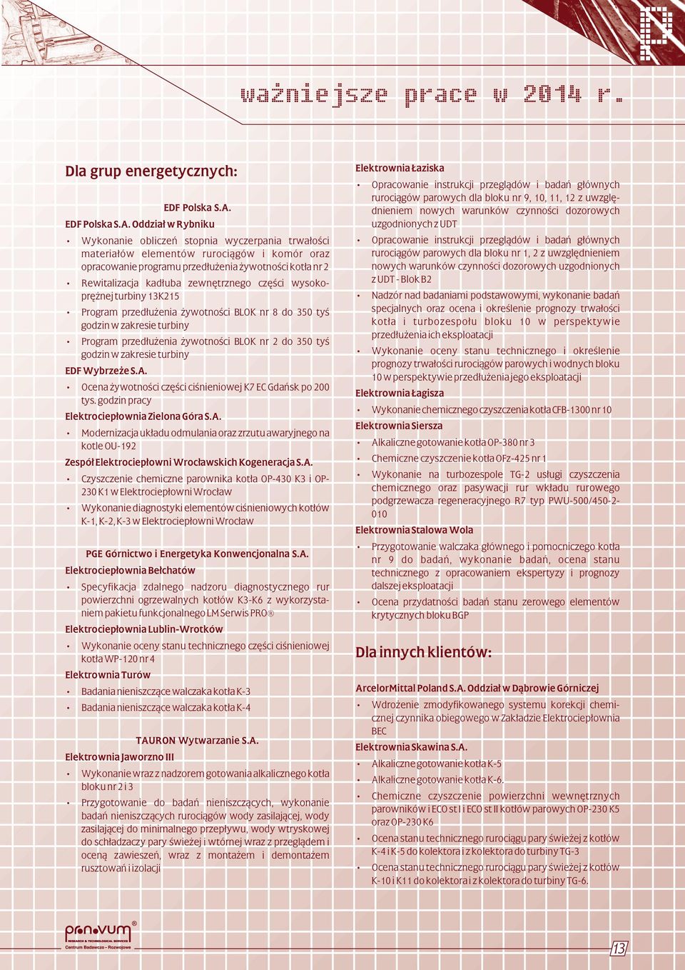 Oddział w Rybniku Wykonanie obliczeń stopnia wyczerpania trwałości materiałów elementów rurociągów i komór oraz opracowanie programu przedłużenia żywotności kotła nr 2 Rewitalizacja kadłuba