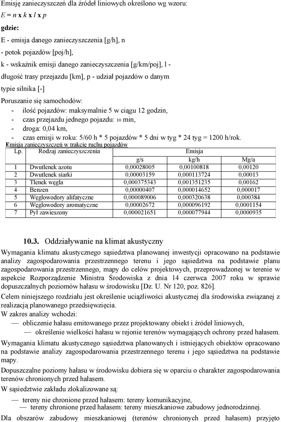 przejazdu jednego pojazdu: 10 min, - droga: 0,04 km, - czas emisji w roku: 5/60 h * 5 pojazdów * 5 dni w tyg * 24 tyg = 1200 h/rok. Emisja zanieczyszczeń w trakcie ruchu pojazdów Lp.