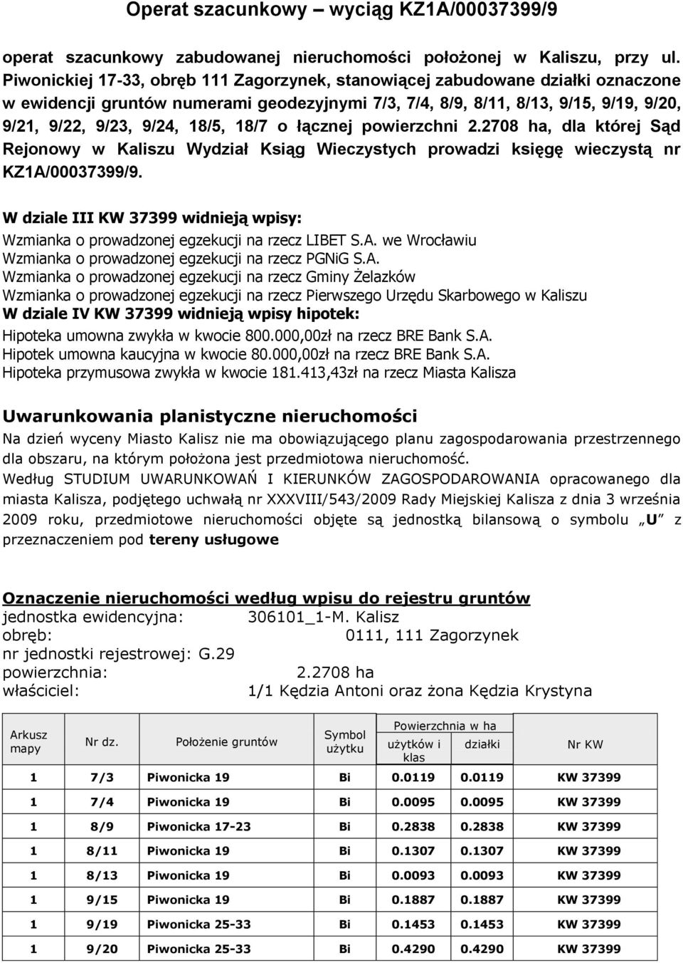 18/7 o łącznej powierzchni 2.2708 ha, dla której Sąd Rejonowy w Kaliszu Wydział Ksiąg Wieczystych prowadzi księgę wieczystą nr KZ1A/00037399/9.