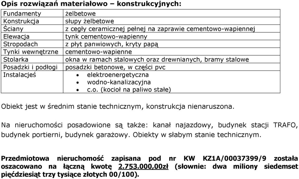 Na nieruchomości posadowione są także: kanał najazdowy, budynek stacji TRAFO, budynek portierni, budynek garażowy. Obiekty w słabym stanie technicznym.