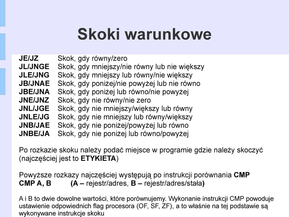 JBE/JNA JNE/JNZ JNL/JGE JNLE/JG JNB/JAE JNBE/JA Skok, gdy równy/zero Skok, gdy mniejszy/nie równy lub nie większy Skok, gdy mniejszy lub równy/nie większy Skok, gdy poniżej/nie powyżej lub nie równo