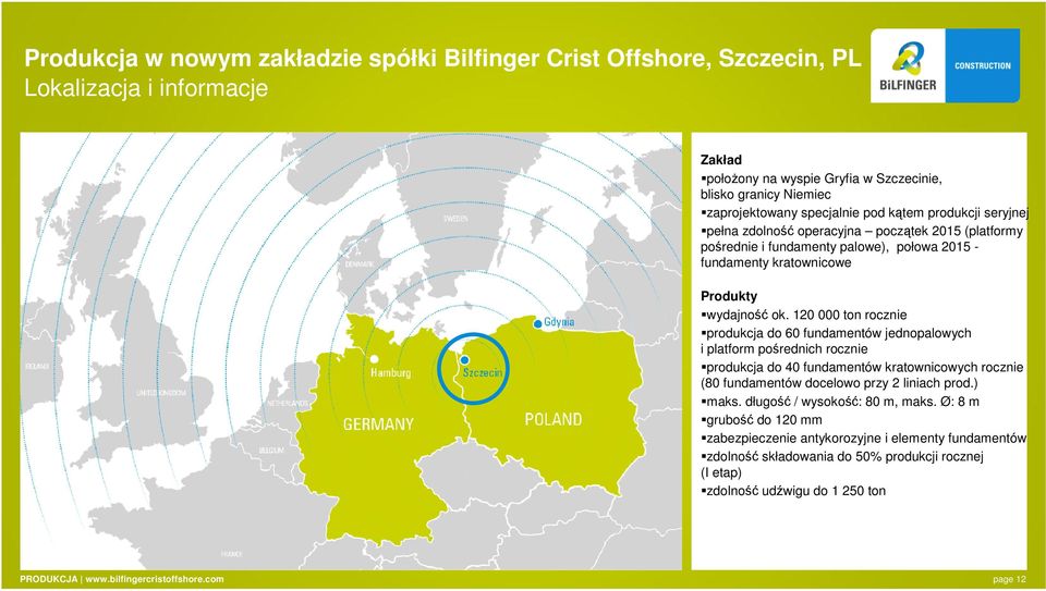 120 000 ton rocznie produkcja do 60 fundamentów jednopalowych i platform pośrednich rocznie produkcja do 40 fundamentów kratownicowych rocznie (80 fundamentów docelowo przy 2 liniach prod.) maks.