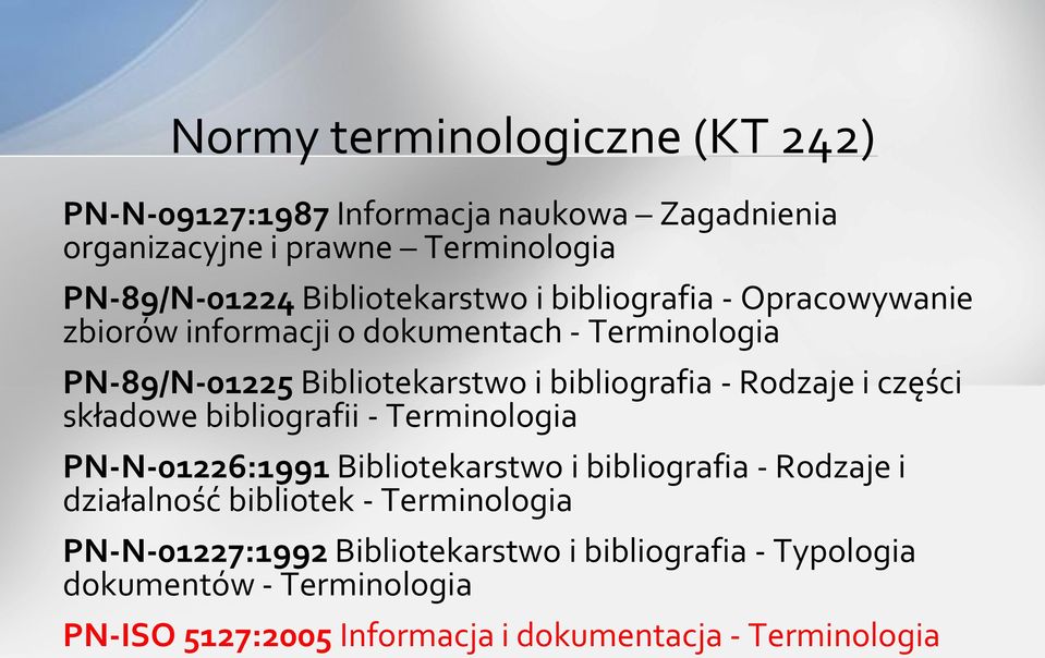 - Rodzaje i części składowe bibliografii - Terminologia PN-N-01226:1991 Bibliotekarstwo i bibliografia - Rodzaje i działalność bibliotek -